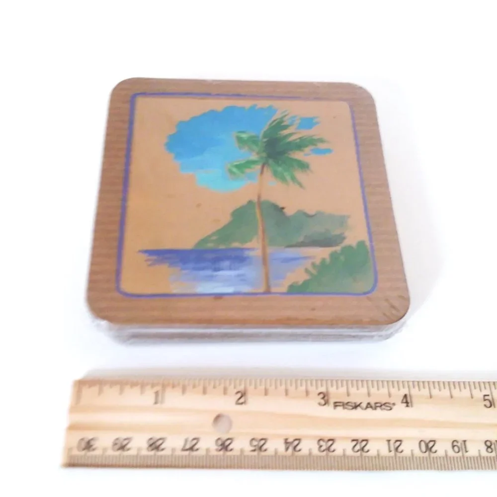Set of 8 Drink Coasters On The Beach Sur La Plage 4 Designs Palm Tree Birds